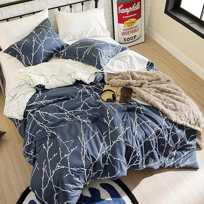 Bedsure Twin Comforter Set - 5 Pieces Floral Navy Blue Bed Set, Tree Branch Pattern Printed Bed in a Bag Twin with Comforter, Sheets, Pillowcase & Sham