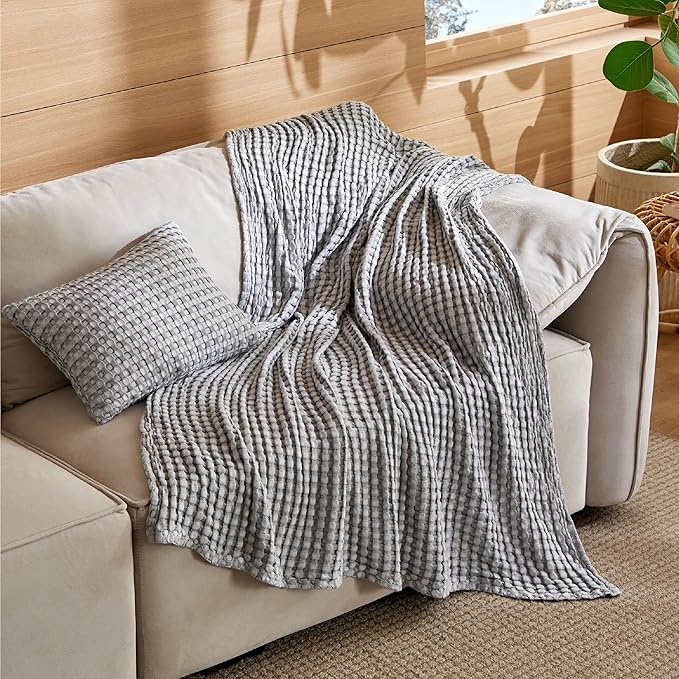 Bedsure 5 Pieces Cotton Comforter Set with Cotton Waffle Throw Blanket - Dark Grey Queen Comforter, Pillow Shams, Grey Cooling Blanket of Rayon Derived from Bamboo for Hot Sleepers, Throw Pillow