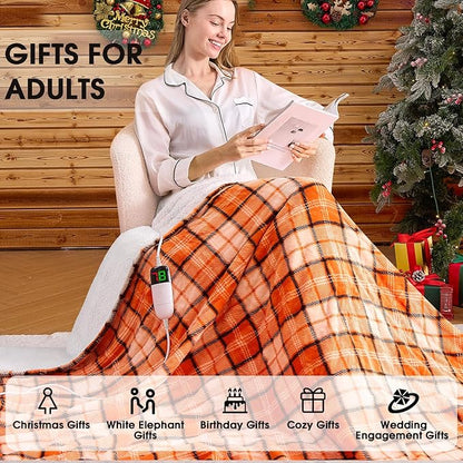 OCTROT Electric Heated Blanket King Size, 90X100 Orange Blanket with Dual Control&10 Heats Levels&Timer for Bed,Large Plaid Sherpa Heating Blankets Warmer Gifts for Women Grandma Halloween Home Decor