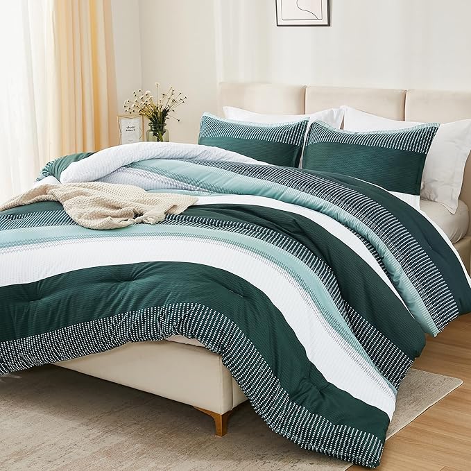 Litanika Dark Emerald Green Bed Comforter Twin/Twin XL Set, 2 Pieces Twin Extra Long Size Boys Men Forest Bedding Set, Single Colorblock Striped Bed Set