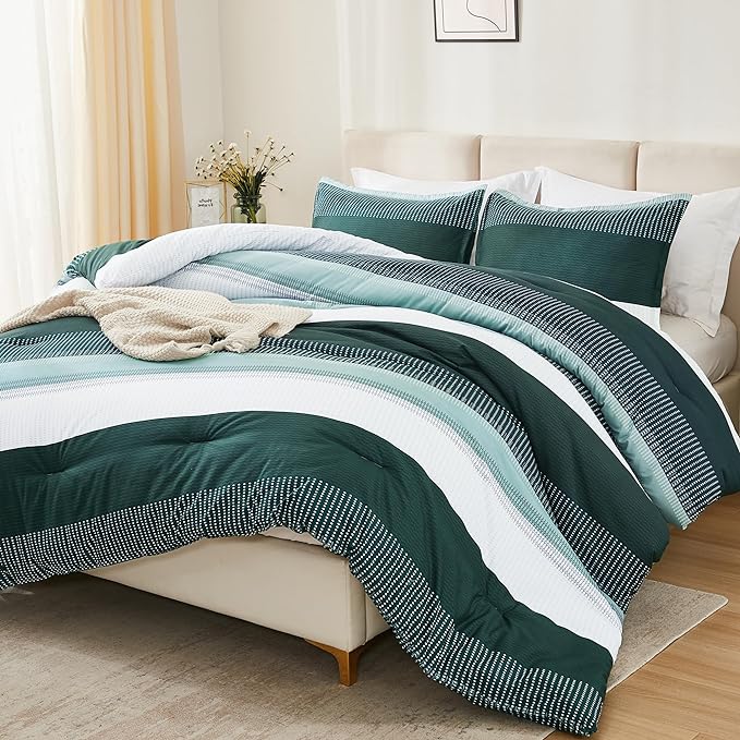 Litanika Dark Emerald Green California King Comforter Set - 3 Pieces Cal King Oversized Lightweight Summer Colorblock Stripe Bedding Set (104x96In, 2 Pillowcases)