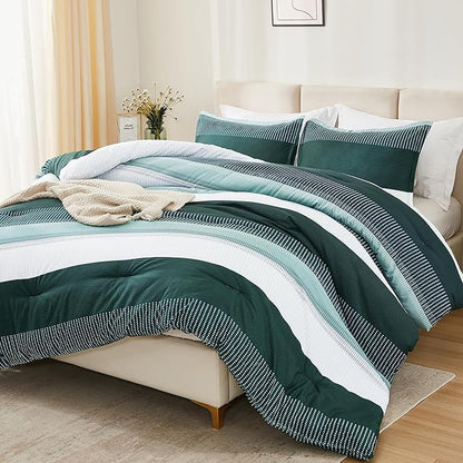 Litanika Dark Emerald Green California King Comforter Set - 3 Pieces Cal King Oversized Lightweight Summer Colorblock Stripe Bedding Set (104x96In, 2 Pillowcases)