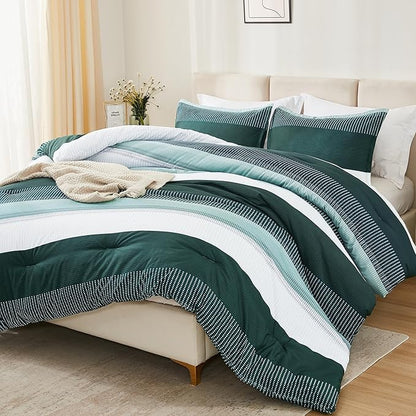Litanika Dark Emerald Green King Bed Comforter Set, 3 Pieces Bedding Set, Colorblock Stripe Vintage Bed Set (104x90In Comforter & 2 Pillowcases)