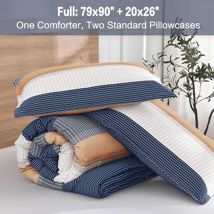 Litanika Comforter Set Full Size Blue Orange - 3 Pieces Lightweight Colorblock Stripe Fluffy Bedding Comforter Sets, All Season Bed Set