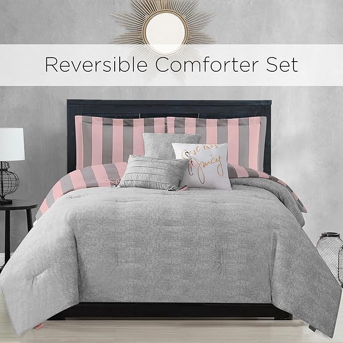 Juicy Couture Cabana Stripe Reversible Bedding Set - Twin/Twin XL Size - Pink and Grey Stripe Print - 5 Piece Set - Includes 1 66 x 90 Comforter, 3 Decorative Pillows, 1 Sham