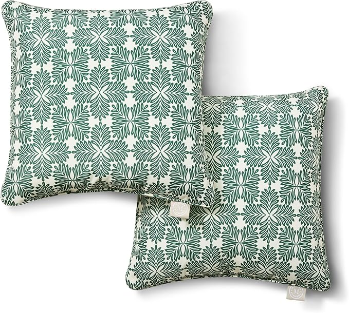 Martha Stewart Tulum Indoor Outdoor Decorative Pillow 2-Pack Set, UV Fade Resistant, Water Repellent, Printed Modern Design, Green, 18"x18"
