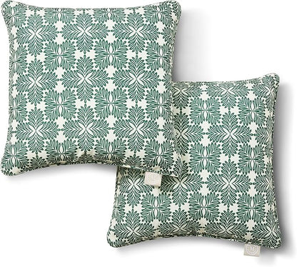 Martha Stewart Tulum Indoor Outdoor Decorative Pillow 2-Pack Set, UV Fade Resistant, Water Repellent, Printed Modern Design, Green, 18"x18"