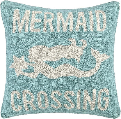 Mermaid Crossing Wool Hook Coastal Pillow by The Pillow Shoppe, 16" Square