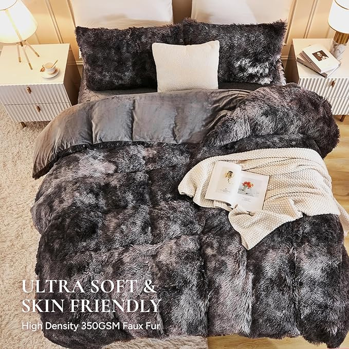 Andency Faux Fur Tie-Dyed Dark Grey Comforter King Size, 3 Pieces Fluffy Fuzzy Plush Bedding Comforter Set (1 Shaggy Velvet Comforter & 2 Pillowcases), Soft Puffy Comfy Down Comforter Bedding Set