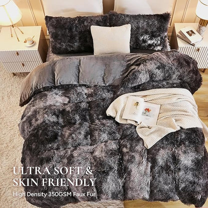 Andency Faux Fur Tie-Dyed Dark Grey Comforter for Queen Size Bed, 3 Pieces Fluffy Fuzzy Plush Bedding Comforter Set (1 Shaggy Velvet Comforter & 2 Pillowcases)