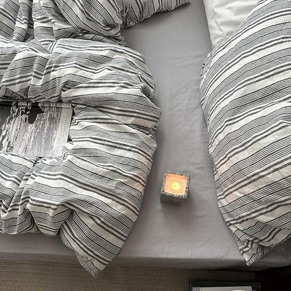 VM VOUGEMARKET Pinstripes Comforter Set Queen Washed Cotton Vertical Striped Neutral Bedding Set 1 Comforter and 2 Pillowcase (Grey White)