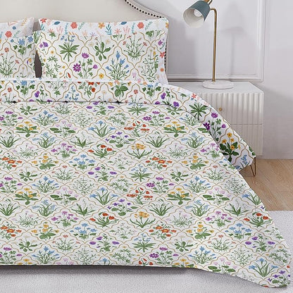 Floral Queen Comforter Set with Sheets, 7 Piece Luxury Vintage Bedding, Soft Microfiber Bed in a Bag, Cozy Lightweight Bed Set, Green Patchwork Flower Leaf