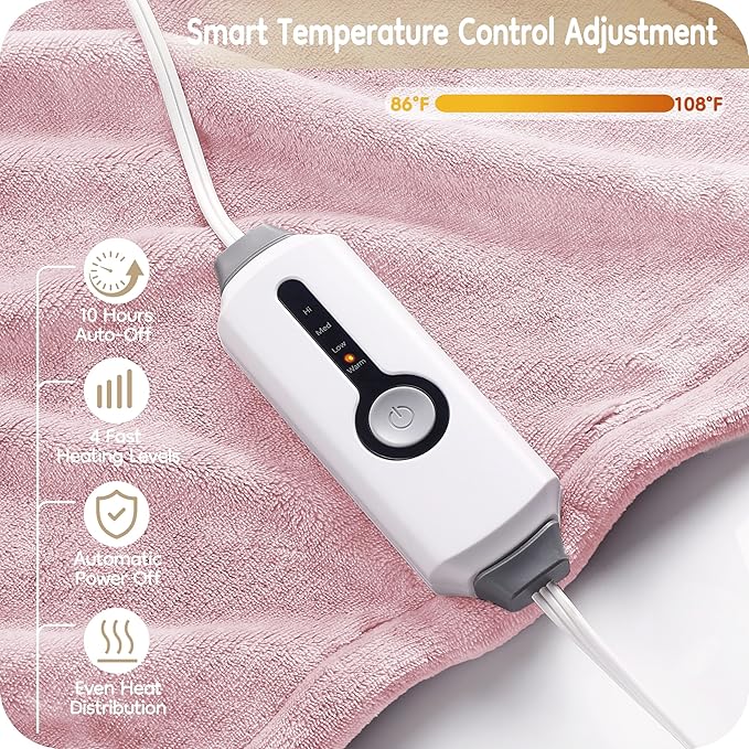 Electric Heated Blanket Full Size 72"×84", Breathable & Luxurious Flannel,Soft Warm Gift with Over-Heat Protection,4 Heating Levels & 10 H Auto Shut Off, Machine Washable, Light Pink