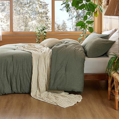 Bedsure 5 PCS Cotton Comforter Set with Cotton Waffle Throw Blanket - Olive Green Comforter King Size, Pillow Shams, Beige Cooling Blanket of Rayon Derived from Bamboo for Hot Sleepers, Throw Pillow