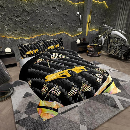 jejeloiu Yellow Race Car Bedding Set Toddle Size Extreme Sports Comforter Set for Kids Teens Adult Fast and Furious Duvet Set Dazzling Flag Quilt Set 2Pcs