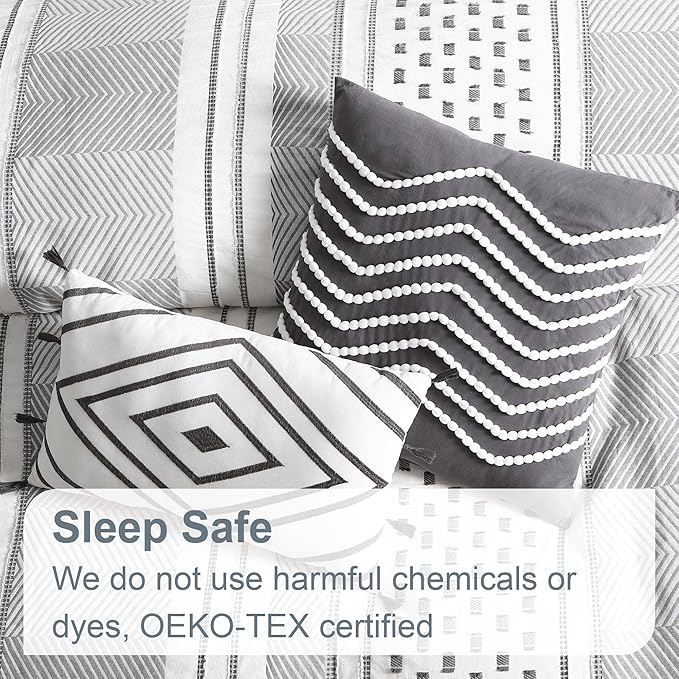Swift Home Atayal 100% Cotton Herringbone & Clip Jacquard Bedding 5-Piece Comforter Set, All Season & Breathable, Oeko-TEX Certified – Grey, Full/Queen
