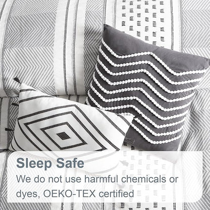 Swift Home Atayal 100% Cotton Herringbone & Clip Jacquard Bedding 5-Piece Comforter Set, All Season & Breathable, Oeko-TEX Certified – Grey, Full/Queen