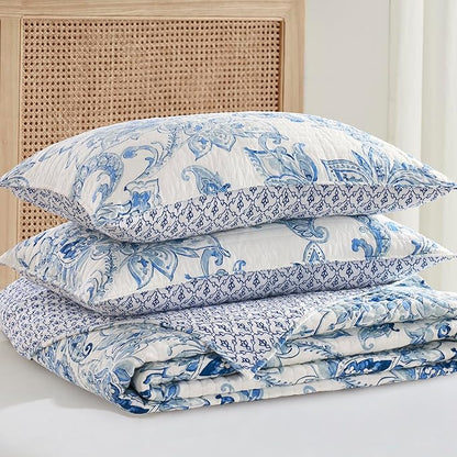 Levtex Home - Bennett Bedspread Set - Queen (110x106in.) Bedspread and 2 Standard Shams (20x26in.) - Floral Paisley - Blue and White - Reversible - Cotton