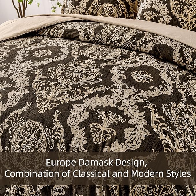 WONGS BEDDING 7 Pieces Comforter Set Queen Size,Damask Texture Design Bed in a Bag Bedding Sets,Brown Soft Lightweight Microfiber Bedding Set for All Season