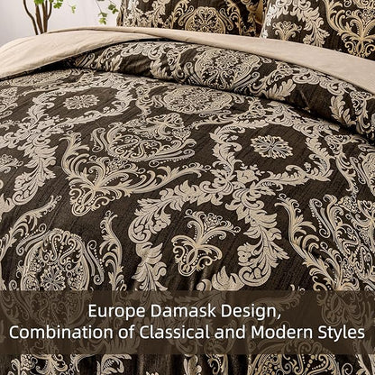 WONGS BEDDING 7 Pieces Comforter Set Queen Size,Damask Texture Design Bed in a Bag Bedding Sets,Brown Soft Lightweight Microfiber Bedding Set for All Season