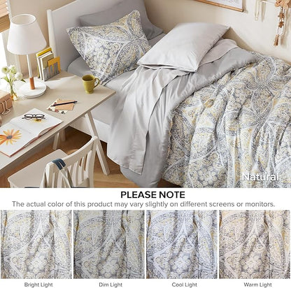 Comfort Spaces Bed in A Bag Comforter Set - Trendy Casual Design Twin XL Comforter with Complete Sheet Set with Side Pocket, All Season Comforter, Shams, Gloria, Twin XL Grey/Yellow 6 Piece