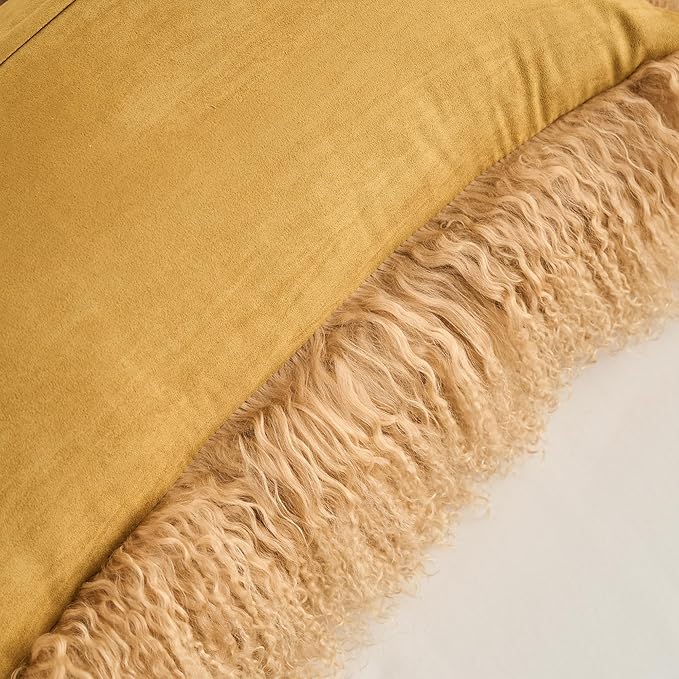 Genuine Mongolian Lamb Fur Pillow Cover – 12"x20" Rectangular Cushion Case – Soft Curly Wool Decorative Accent for Sofa, Bed, or Chair (Toffee)