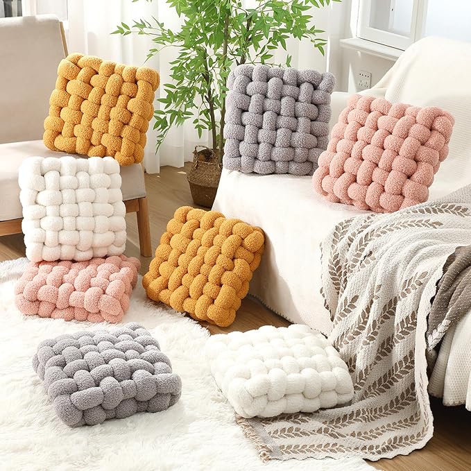 Wenqik 2 Pcs Knot Pillows Square Knotted Plush Throws Soft Accent Pillows Decoration Cushion for Couch Home Office Living Room Bedroom Bed Sofa Decor, 12'' x 13''(Ginger Yellow,Lambswool)
