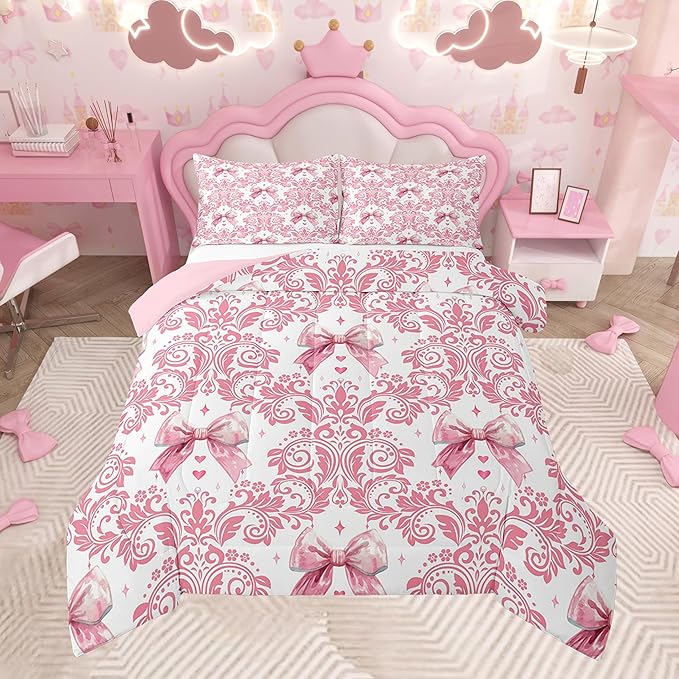 Feelyou Girls Pink Bowknot Comforter Set Twin Size Goth Damask Comforter Victorian-Themed Bedding Set Baroque Duvet Set Vintage Floral Quilt Set 2Pcs