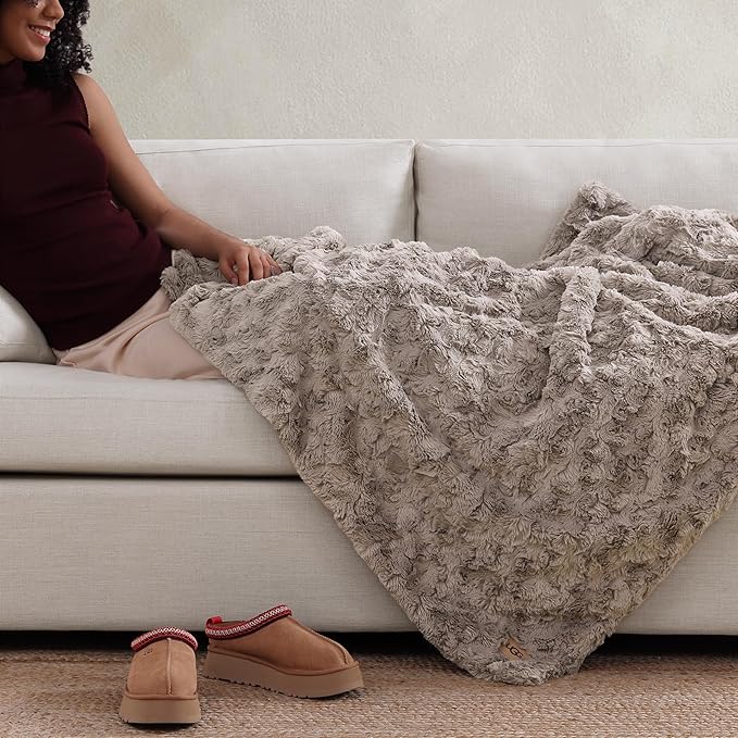 UGG Adalee Faux Fur Throw Blanket Luxury Lightweight Cozy Soft Throw for Couch Bed or Chair Hypoallergenic Machine Washable Double-Sided Fluffy Blanket Home Decor, 50-inch x 70-inch, Oyster Brown