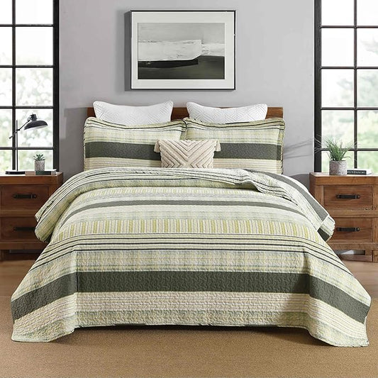 Homzard King Quilt - Cotton Comforter Set King Size, Green Yellow Striped Quilt Set,Olive Green Plaid Bedding Bedspread, Lightweight Farmhouse Comforter 3 Pieces All Season