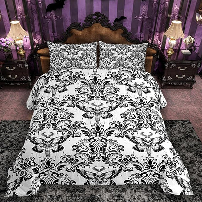 Feelyou Adults White Vintage Damask Floral Comforter Set Oriental Antique Comforter Queen Size Gothic Bohemia Boho Flower Bedding Set Gothic Skull Duvet Set Quilt Set 3Pcs