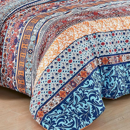 Chezmoi Collection Shore 3-Piece Boho Stripe Queen Comforter Set - Medallion Floral Colorful Navy Blue Orange Red White Bohemian Printed Microfiber Lightweight Bedding Comforter Set