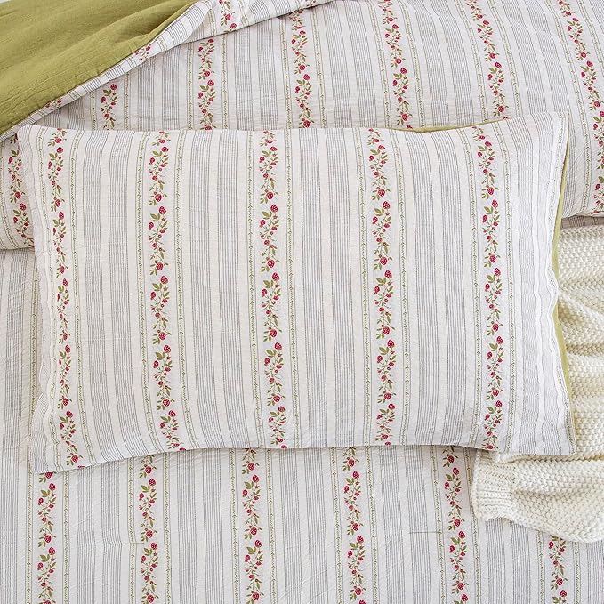 100% Cotton Jacquard Comforter Set, Striped Floral Print, Soft Lightweight Reversible 3 Piece Bedding Sets for All Season, Queen(90"x90")