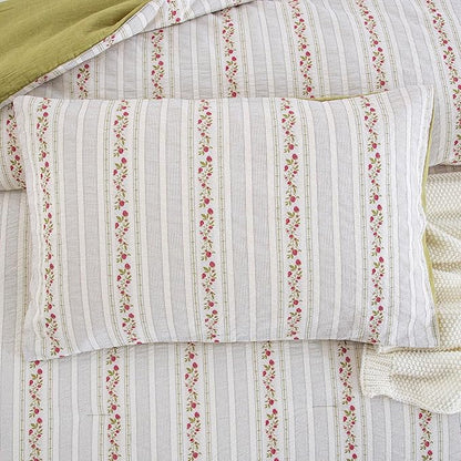 100% Cotton Jacquard Comforter Set, Striped Floral Print, Soft Lightweight Reversible 3 Piece Bedding Sets for All Season, Queen(90"x90")
