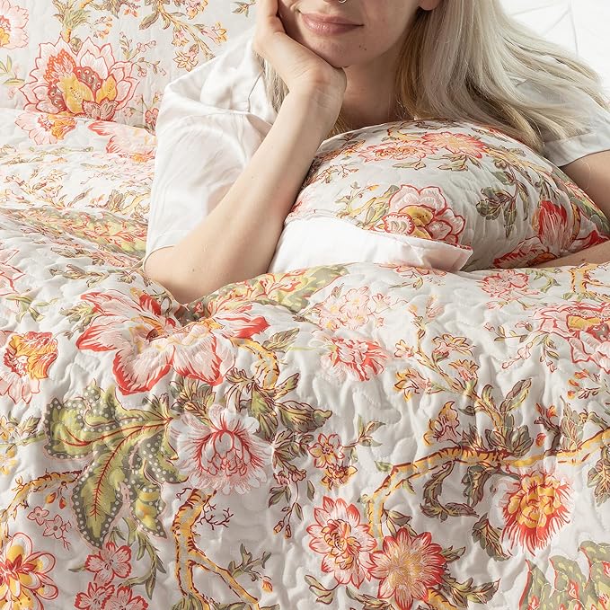 Quilt Set King Size Floral Patchwork Quilted, Soft Comforter Set Bedding Sets, Coverlet Bedspread Decorative Quilts with 2 Pillow Shams, (90"x104", 3 Pieces)