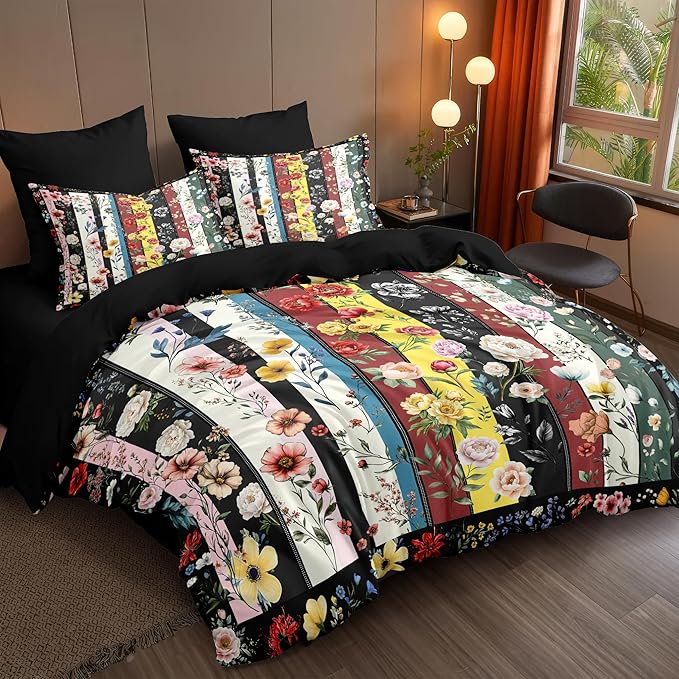 Vintage Floral Comforter Set Queen for Girls, 3Pcs Stripe Patchwork Bedding for Farmhouse Country Bedroom Decor, Black Botanical Floral Quilted Comforter with 2 Pillowcases, 90"x90"