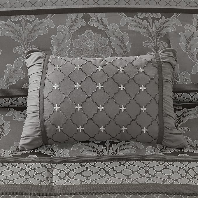 Madison Park Bellagio Cozy Comforter Set - Luxurious Jaquard Traditional Damask Design, All Season Down Alternative Bedding with Matching Shams, Decorative Pillow, Cal King(104"x92"), Grey 7 Piece