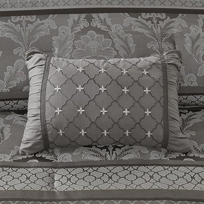 Madison Park Bellagio Cozy Comforter Set - Luxurious Jaquard Traditional Damask Design, All Season Down Alternative Bedding with Matching Shams, Decorative Pillow, Queen(90"x90"), Grey 7 Piece