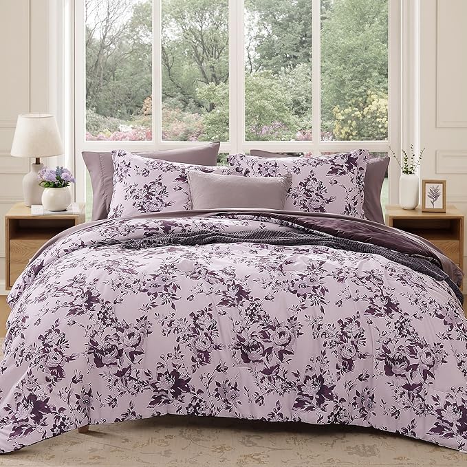 Twin XL Comforter Set -5 Pieces Floral Deep Purple Bedding Set for All Seasons, Bed in a Bag with Botanical Flowers Comforter, Sheets, Pillowcase & Sham