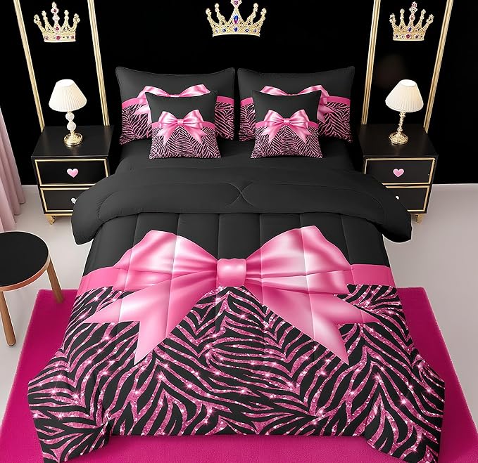 Feelyou Pink Bowknot 7 Piece Bedding Set King Size Glitter Print Comforter Set with Sheets for Kids Girls Adult Cute Bowknot Bed in a Bag Black Silver Bed Set
