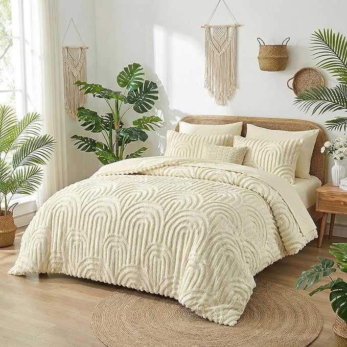 Nesker Boho Queen Comforter Set, 7 Pcs Tufted Beige Bedding Sets, Soft Cozy Chic Bed in a Bag, Arch Pattern Shabby Bed Set All Season with Comforter, Fitted Sheet, Flat Sheet & Pillowcases