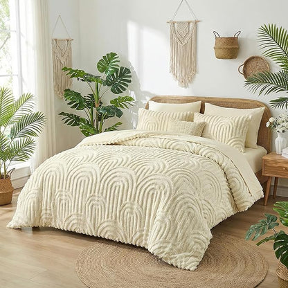 Nesker Boho Queen Comforter Set, 7 Pcs Tufted Beige Bedding Sets, Soft Cozy Chic Bed in a Bag, Arch Pattern Shabby Bed Set All Season with Comforter, Fitted Sheet, Flat Sheet & Pillowcases
