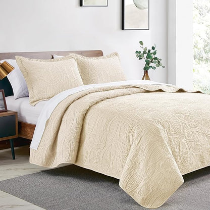 Love's cabin Twin Quilt Bedding Set Beige Bedspreads - Soft Bed Summer Lightweight Bedspread Comforter - Coin Pattern Bedding Coverlet for All Season - 2 Pieces (1 Quilt, 1 Pillow Sham)