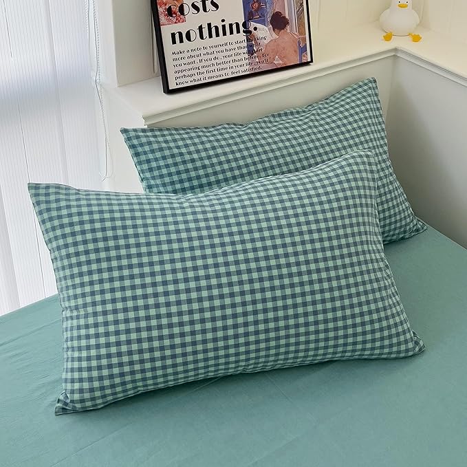 mixinni Dark Green Gingham Comforter Set King, Plaid Comforter Set 3 Pieces 1 Teal Grid Comfoter with 2 Pillow Cases for All Seasons, Soft Fluffy Modern Grid Pattern Printed Bedding-King Size