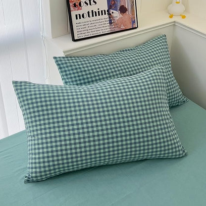 mixinni Dark Green Gingham Comforter Set King, Plaid Comforter Set 3 Pieces 1 Teal Grid Comfoter with 2 Pillow Cases for All Seasons, Soft Fluffy Modern Grid Pattern Printed Bedding-King Size