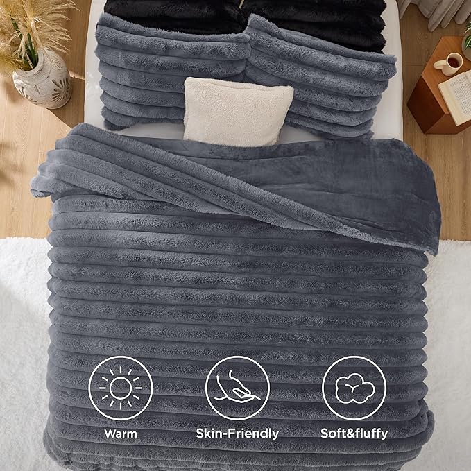 Bedsure Faux Fur King Size Comforter Set - Grey Fluffy Comforter King Size, Soft and Cozy Shaggy Winter Bedding Comforter Sets, Warm Luxury Fuzzy Bed Set 3 Pieces, 1 Comforter and 2 Pillowcases