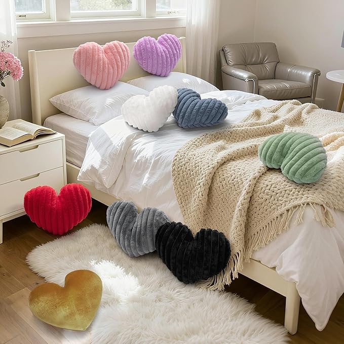 16 Inch Heart Pillow Cute Soft Decorative Throw Pillows, Heart Shaped Fluffy Faux Fur Pillows Cushions for Couch Sofa Bed Bedroom Room Home Decor Aesthetic (2, Gold, Medium-16 x13)