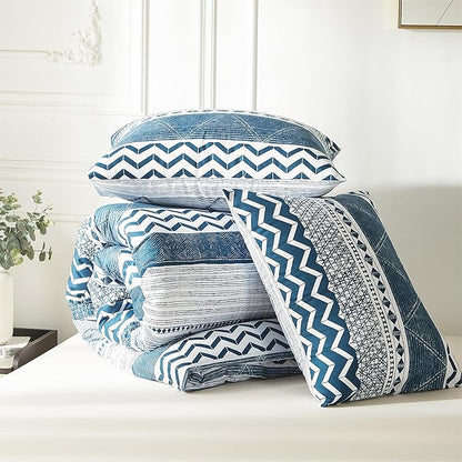 BOLINLIVING Comforter Set King Size, Boho Bed in a Bag 3 Pieces, Soft Bohomian Comforter Set, Lightweight Breathable for All Seasons,1 Comforter & 2 Pillowcases (Blue 104×90 inch)