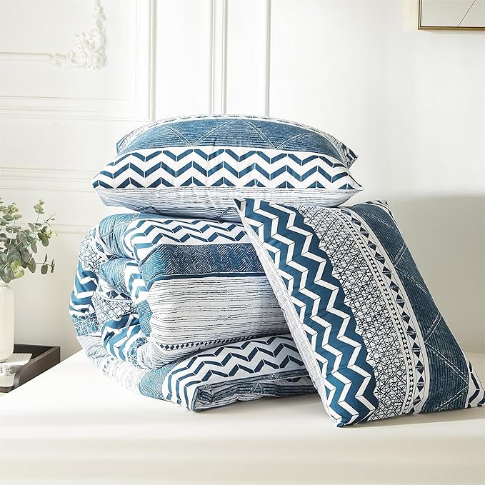 BOLINLIVING Comforter Set Full Size, Boho Bed in a Bag 3 Pieces, Full Soft Bohomian Comforter Set, Lightweight Breathable for All Seasons,1 Comforter & 2 Pillowcases (Blue 79×90 inch)