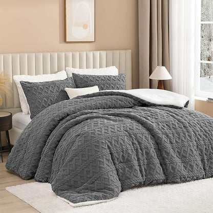 Andency Fluffy Sherpa Queen Comforter Set Grey, Super Soft Gray Fleece Warm Bedding for Winter, Luxury Jacquard Boho Thick Fuzzy Plush Bed Set 3 Pieces(1 Shaggy Comforter, 2 Pillowcases)